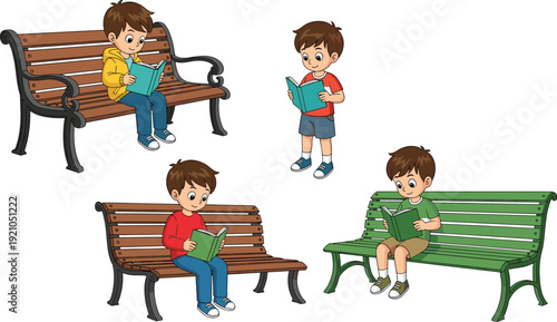 Vector illustration set of a young boy character sitting on various park benches and standing while reading a book isolated on white background.
