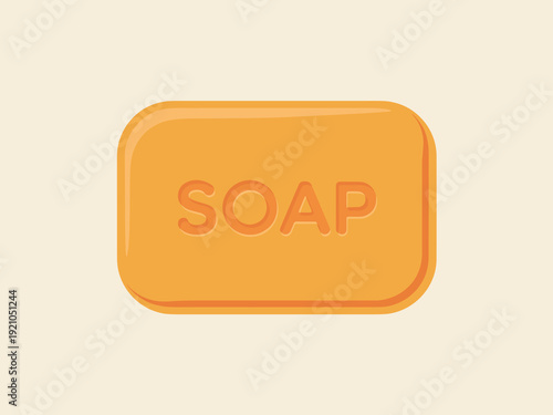 Bright orange bar of soap with the word "SOAP" embossed on it, isolated on a clean, light beige background. This simple, minimalist graphic resource represents hygiene, cleanliness, personal care, and