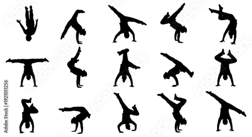 silhouetted people performing dynamic handstands headstands and acrobatic poses illustrating strength balance fitness and movement.