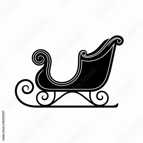 Classic Black Silhouette of a Vintage Christmas Sleigh with Ornate Swirls on White Background, Festive Holiday Transport, Santa's Workshop Icon, Winter Season Celebration, New Year's Eve Journey, Magi