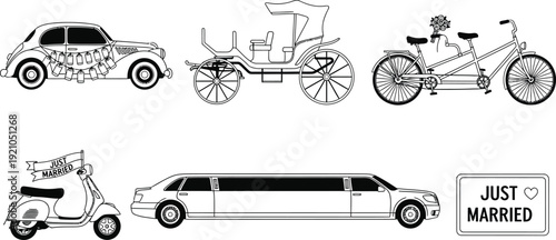 Collection of wedding transportation icons including a vintage car carriage tandem bicycle scooter and limousine perfect for event design