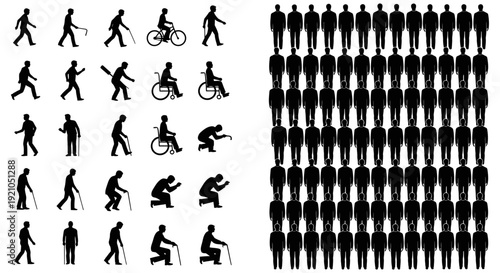 silhouettes illustrating diverse human mobility aging and disability contrasted with a large population grid for demographic studies and social equity.