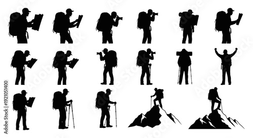 silhouettes of hikers and backpackers navigating photographing trekking and celebrating outdoor adventure symbolizing exploration.