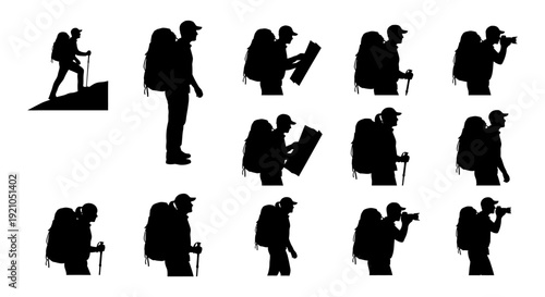 silhouettes of hikers and backpackers trekking navigating with maps and photographing illustrating outdoor adventure and exploration.