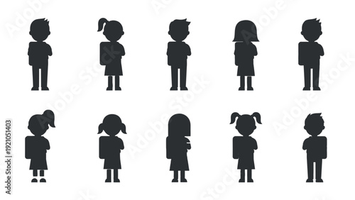silhouettes of kids with crossed arms boys and girls on white depicting feelings sadness shyness and defiance.