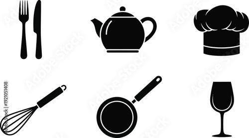 Collection of black kitchen and cooking icons including cutlery teapot chef hat whisk frying pan and wine glass for culinary design elements