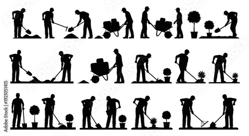 silhouettes of male gardeners and construction workers performing manual outdoor labor including shoveling raking and pushing wheelbarrows for landscaping projects.
