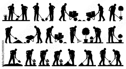 silhouettes of men performing diverse manual labor for gardening and construction digging shoveling raking and moving soil.