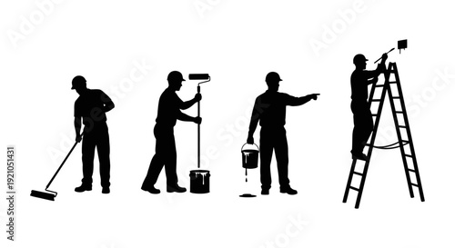 silhouettes of painters performing home renovation tasks from surface preparation to wall painting symbolizing skilled labor.