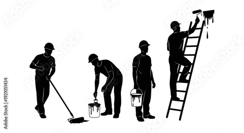 silhouettes of painters in hard hats demonstrating the wall painting process from surface preparation to skilled application with rollers on a ladder depicting manual labor and home renovation.