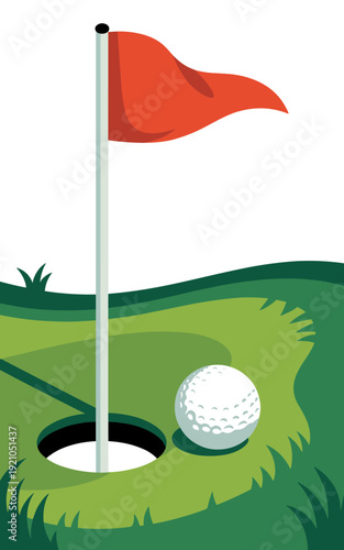 Iconic red golf flag pin marks the hole on a lush green putting green, a white dimpled golf ball rests on the manicured turf beside the cup, capturing the excitement of a perfect approach shot and the