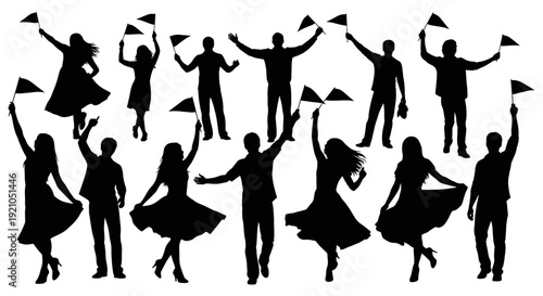 silhouettes of people celebrating an event joyfully waving small flags embodying unity success and enthusiastic community participation.