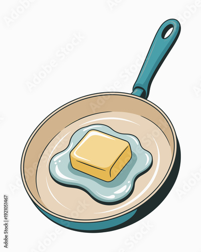 Whimsical Cartoon Butter Melting in a Frying Pan with Blue Handle, Breakfast Cooking Concept, Healthy Meal Preparation, Kitchenware, Culinary Artistry, Everyday Food Illustration for Gastronomy Websit