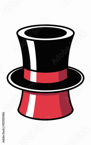 Classic Black Top Hat with Red Band and Accent Accentuating Magic, Performance, and Formal Events; Symbolic of Illusion, Showmanship, and Aristocracy - Illustrated Icon for Entertainment, Fashion, and