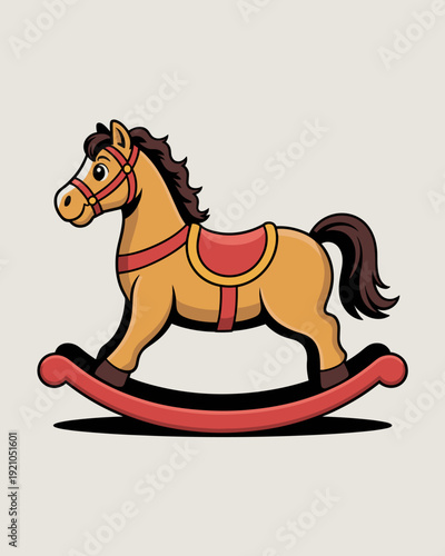 Charming brown rocking horse toy, classic childhood plaything, isolated on a clean, light background, evoking nostalgia and fun for children's room decor, nursery art, vintage toy illustration, or cre