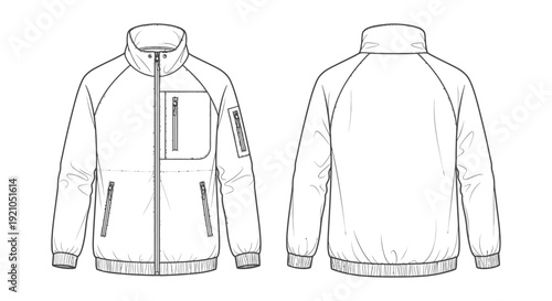 tech pack flat sketch of a mens technical outdoor jacket with raglan sleeves and zipper pockets for sportswear apparel design.