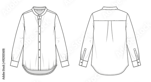 technical fashion flat drawing mens long sleeve band collar shirt front and back views for apparel design and product development