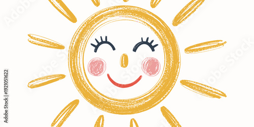 Vibrant Cartoon Sun Character Smiling Brightly with Blush Cheeks and Closed Eyes, Radiant Sunshine and Joyful Rays Spreading Warmth and Optimism for Happy Childhood, Nursery Decor, Greeting Cards, and