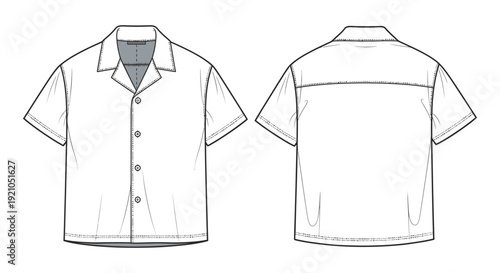 technical flat drawing of a mens short sleeve button up shirt featuring a relaxed cuban collar ideal for apparel design and garment production.