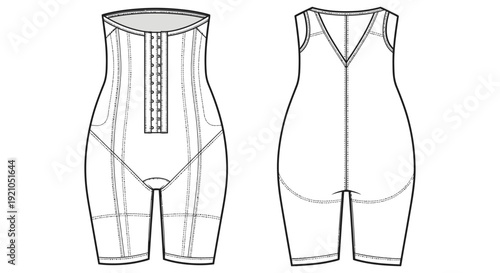 technical flat drawing of a womens body shaper featuring a front hook-and-eye closure and contouring panels for lingerie.