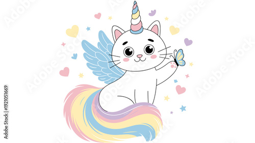 Enchanting Unicorn Cat with Rainbow Tail and Blue Wings, Adorable Feline Holding Blue Butterfly on Paw, Surrounded by Pastel Hearts and Stars, Magical Fantasy Creature for Children's Books, Greeting C