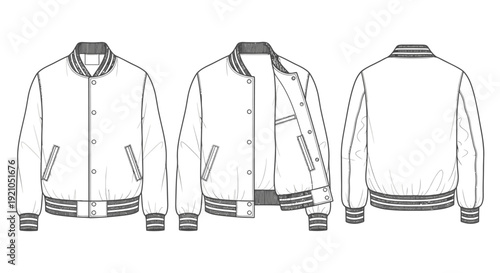 technical flat sketch of a classic varsity jacket featuring front open and back views for fashion design and apparel development.