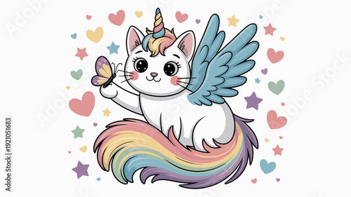 Magical Unicorn Cat With Iridescent Rainbow Tail and Blue Wings Holding a Butterfly, Whimsical Fantasy Creature Enchanting Digital Art, Cute Kawaii Animal Illustration for Children's Books, Greeting C