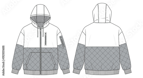 technical flat sketch of a hooded jacket with color block quilted lower body full zip pockets for fashion design apparel CAD.