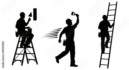 three silhouetted construction workers plastering walls painting and climbing ladders depicting skilled renovation and home improvement tasks.