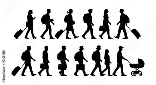 travelers with luggage and backpacks walking diverse silhouettes depicting modern journeys commuting and global mobility.