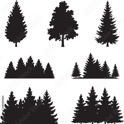 Vintage trees and forest silhouettes set