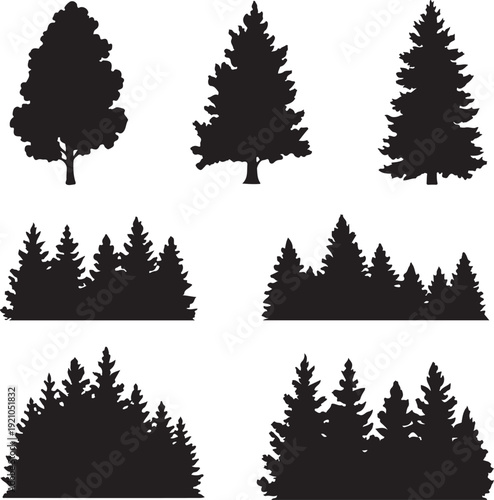 Vintage trees and forest silhouettes set