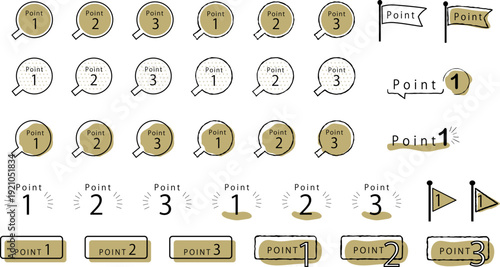 数字付きポイントセット /イラスト、ベクター、フレーム、見出し、あしらい /ナチュラル、手書き