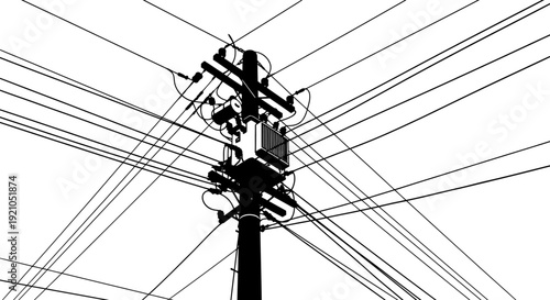 urban utility pole silhouette with tangled electrical wires and transformer graphic depicting complex power grid infrastructure.