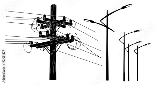 urban utility pole with power lines and modern street lights vector depicting essential city infrastructure and energy grid.