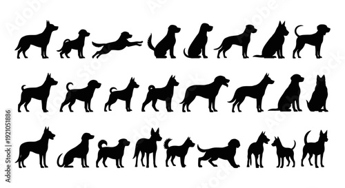 various dog silhouettes vector collection showcasing diverse breeds in different standing sitting and active poses for pet designs.