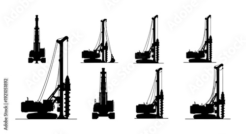 various silhouettes of drilling rigs and pile driving machines heavy construction equipment for foundation work and ground engineering projects.