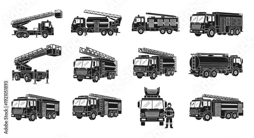 vector fire truck icons ladder pumper tanker emergency vehicles plus firefighter for public safety graphics.