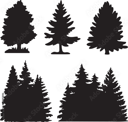 Vintage trees and forest silhouettes set