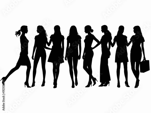 Diverse group of elegant female silhouettes lined up together, showcasing fashion unity and style against a clean white background, representing teamwork, empowerment, diversity, and sophisticated bus