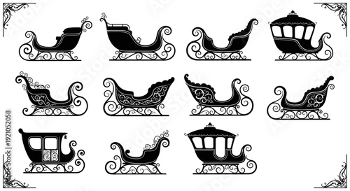 vintage christmas sleighs and elegant ornate carriages black silhouette vectors for festive holiday winter design.