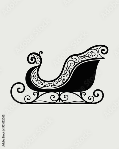 Elegant Black Silhouette of a Vintage Christmas Sleigh adorned with intricate ornate filigree scrollwork, ideal for holiday season celebrations, winter wonderland marketing, festive stationery, and Ne