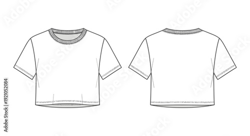 white cropped t-shirt fashion technical drawing front and back views ribbed neckline and stitched hems for apparel design and development.