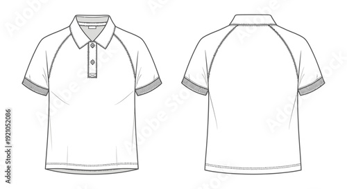 white polo shirt technical fashion flat sketch front and back raglan sleeves ribbed cuffs and button placket for garment design.