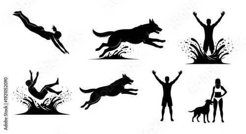 water activities silhouettes people and dogs diving jumping and splashing capturing active summer fun and recreation concepts.