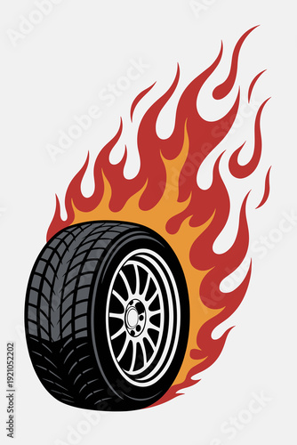 Hot Speeding Tire on Fire, Racing Wheel with Flames, Extreme Automotive Performance, Burnout Drifting Concept, Dynamic Motion and Power, Sportscar Detail, Speed Demon Heat Visual, Drive Fast Ignition