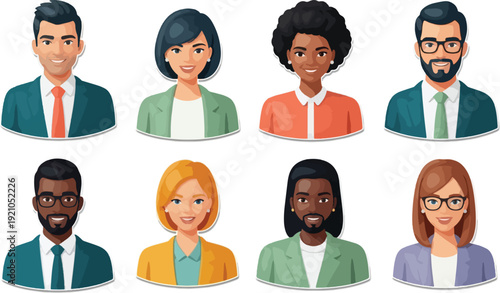 Diverse Group of Cartoon Business People Illustration on White Background