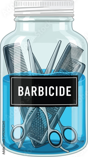 Barber tools disinfection in blue liquid jar for hygiene and sterilization vector
