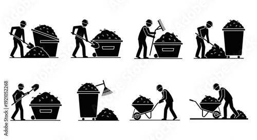 workers silhouettes raking shoveling waste into bins wheelbarrows manual labor icons for public service clean-up projects.