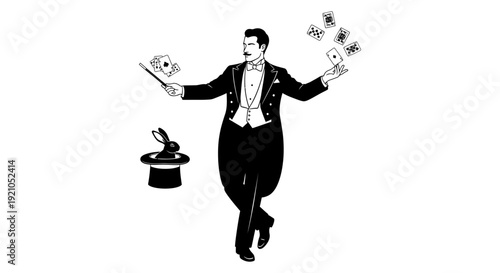 a dapper magician performing a classic magic show juggling playing cards with a rabbit emerging from a top hat illustrating magic and illusion.